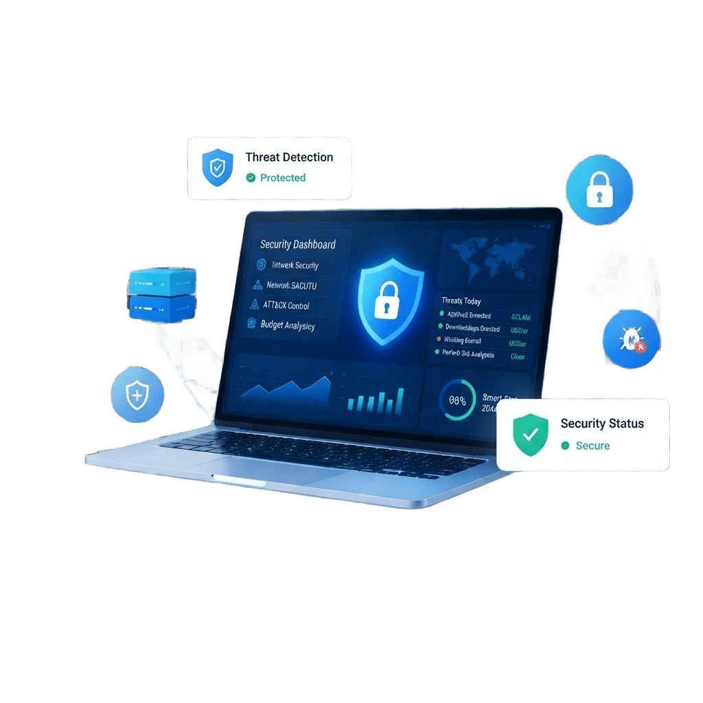 Cybersecurity training laptop showing digital security technology