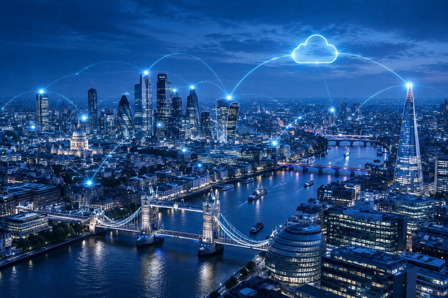 London city skyline at dusk representing UK businesses running on cloud technology