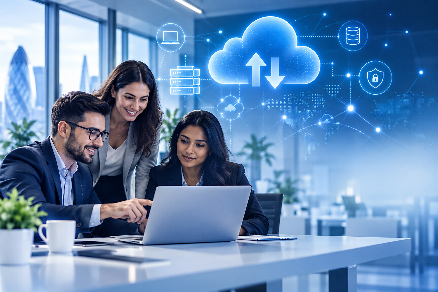 Business technology professionals working together on cloud systems in a modern office